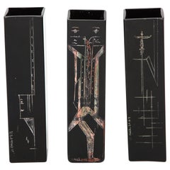 Art Deco Black Glass Etched Vases