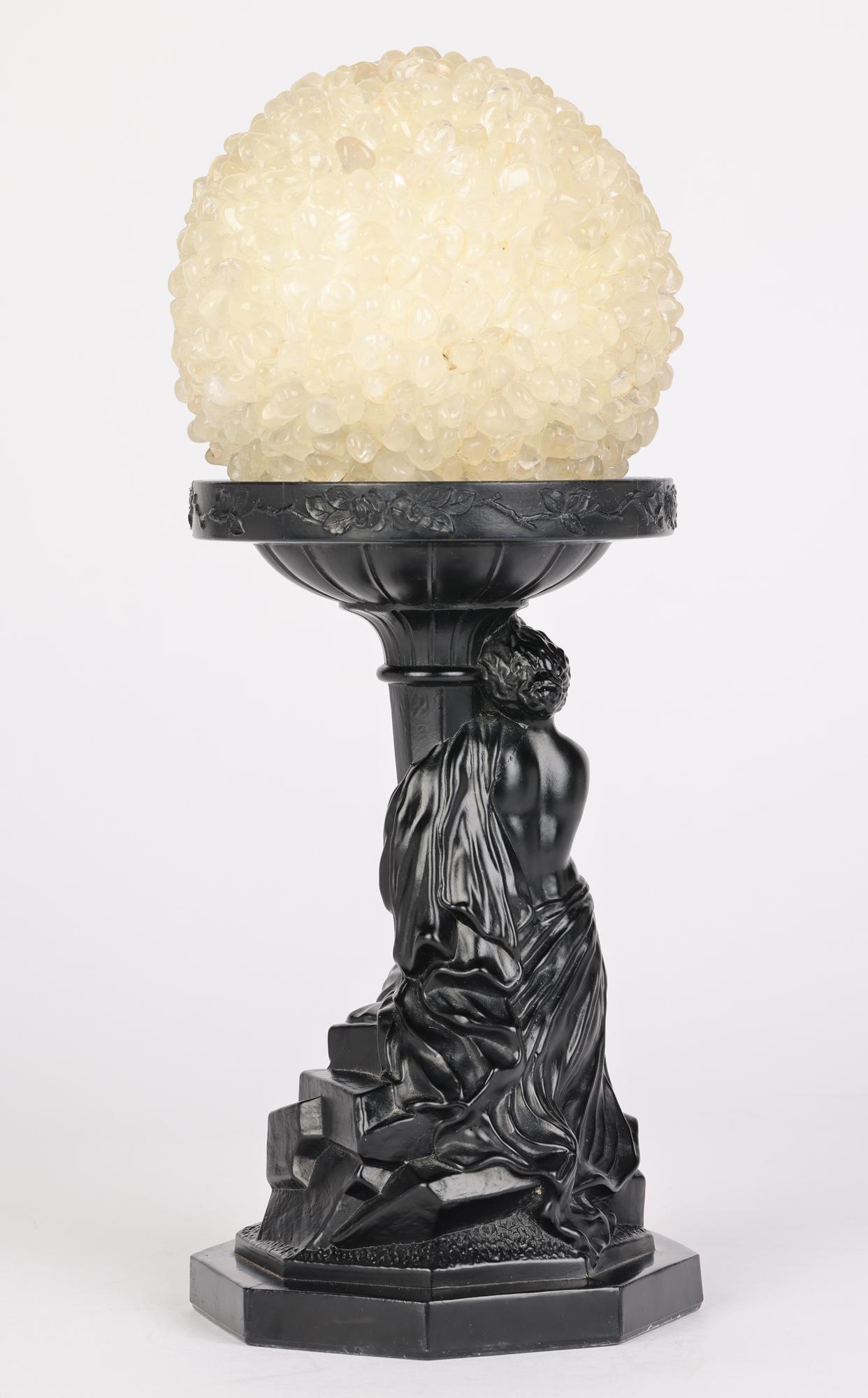 Art Deco Black Glass Maiden Mounted Classical Stand with Rock Crystal Ball  For Sale 5