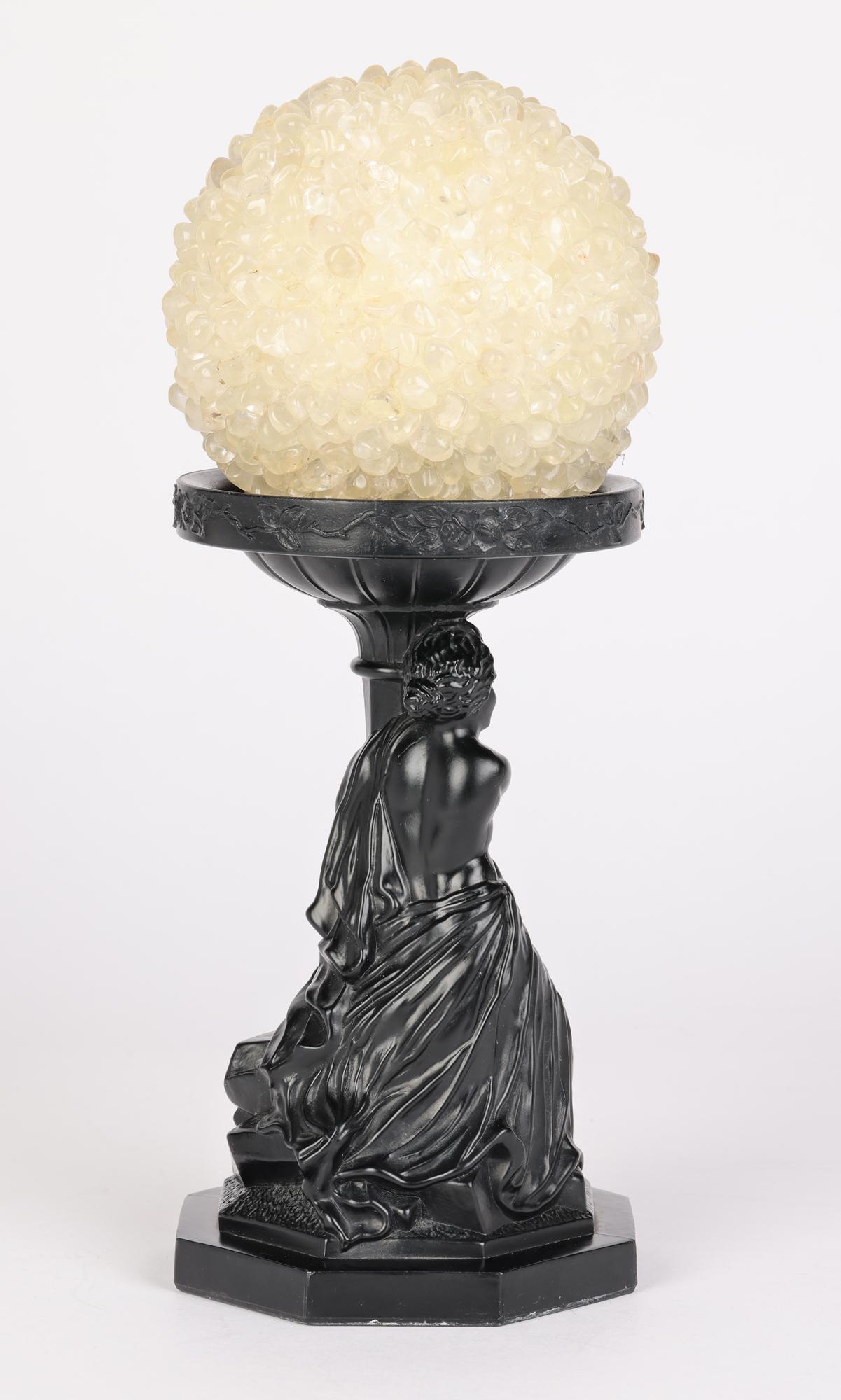 Art Deco Black Glass Maiden Mounted Classical Stand with Rock Crystal Ball  For Sale 8