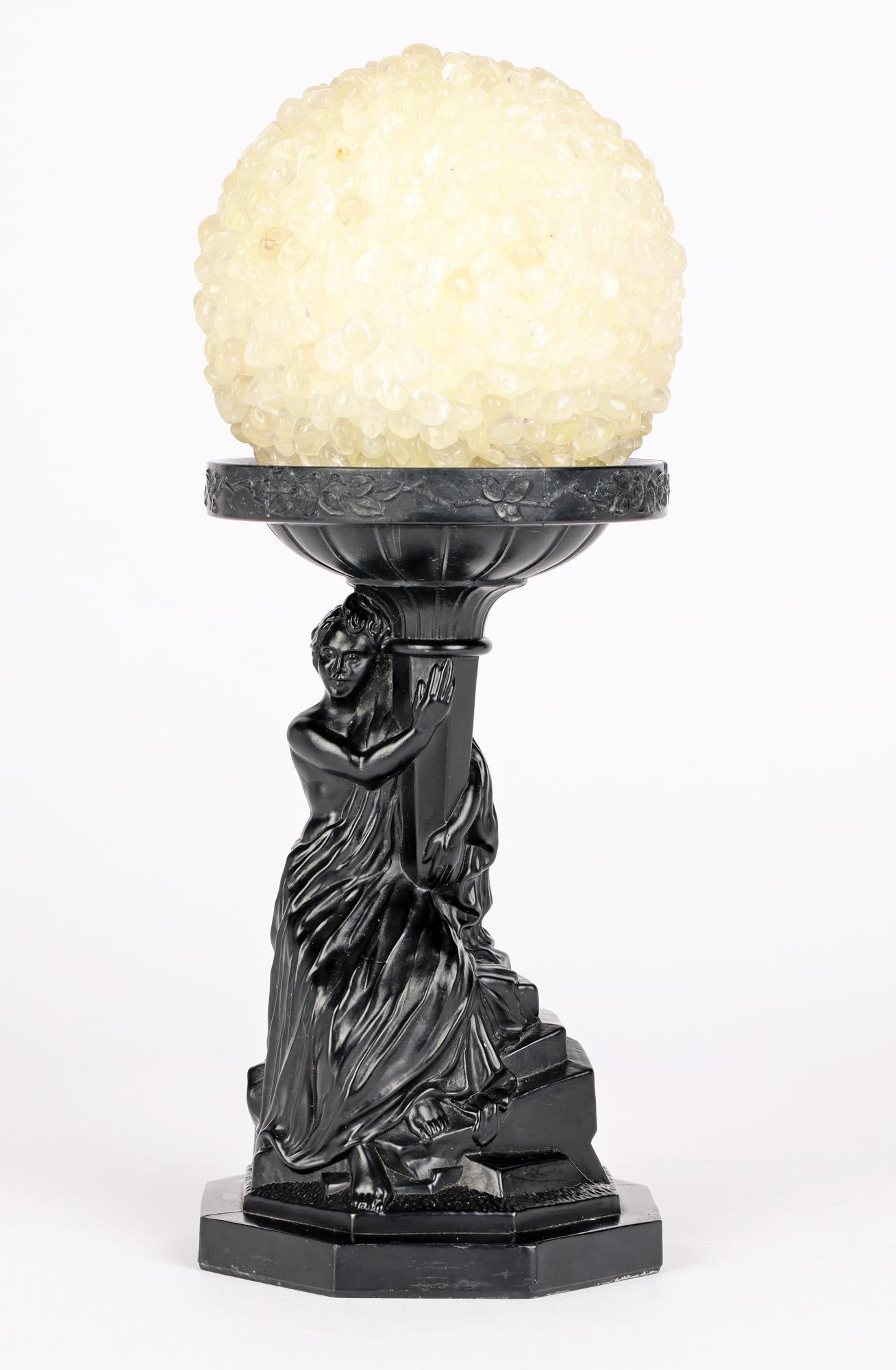 Art Deco Black Glass Maiden Mounted Classical Stand with Rock Crystal Ball  For Sale 12