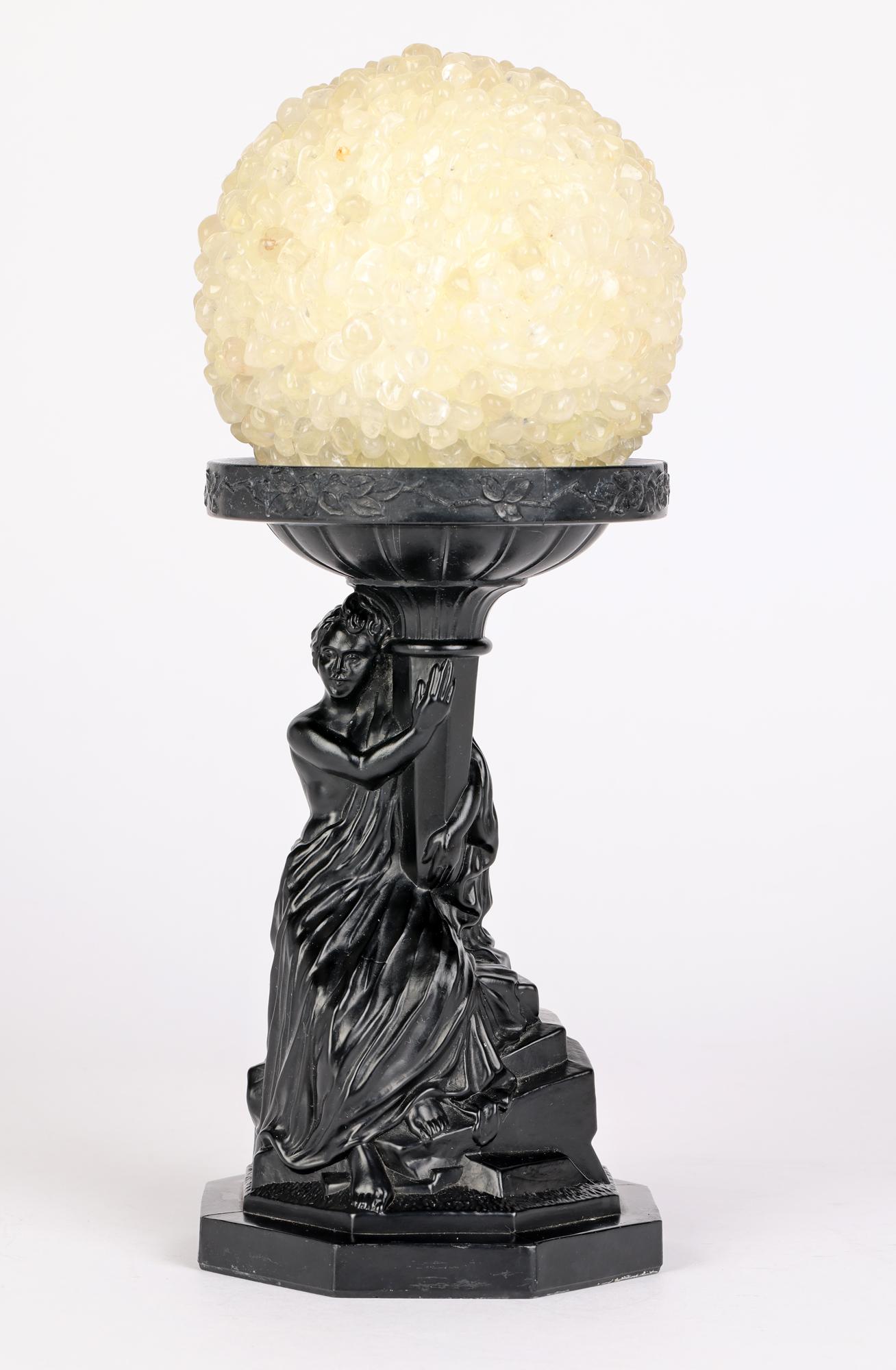Molded Art Deco Black Glass Maiden Mounted Classical Stand with Rock Crystal Ball  For Sale