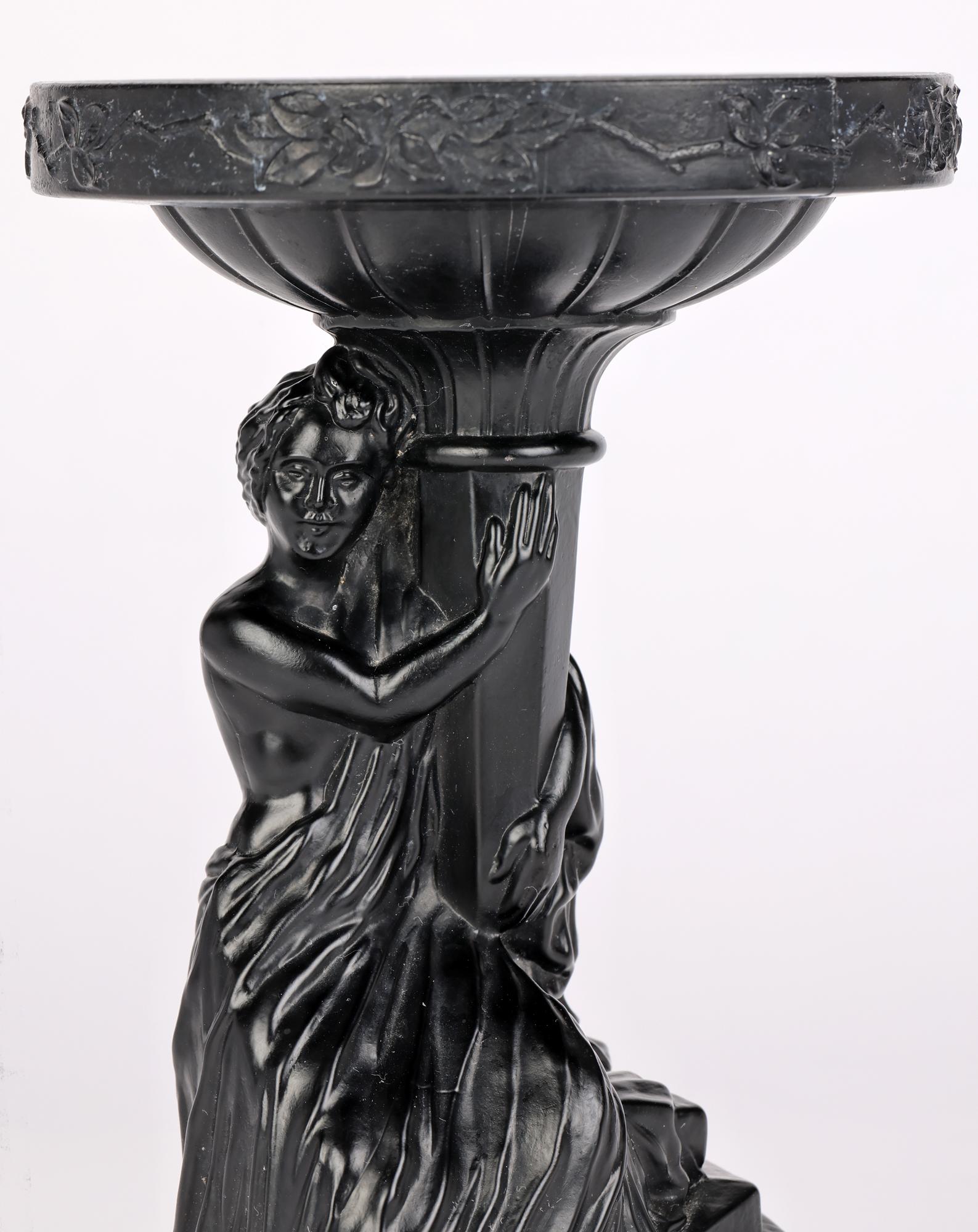 Mid-20th Century Art Deco Black Glass Maiden Mounted Classical Stand with Rock Crystal Ball  For Sale