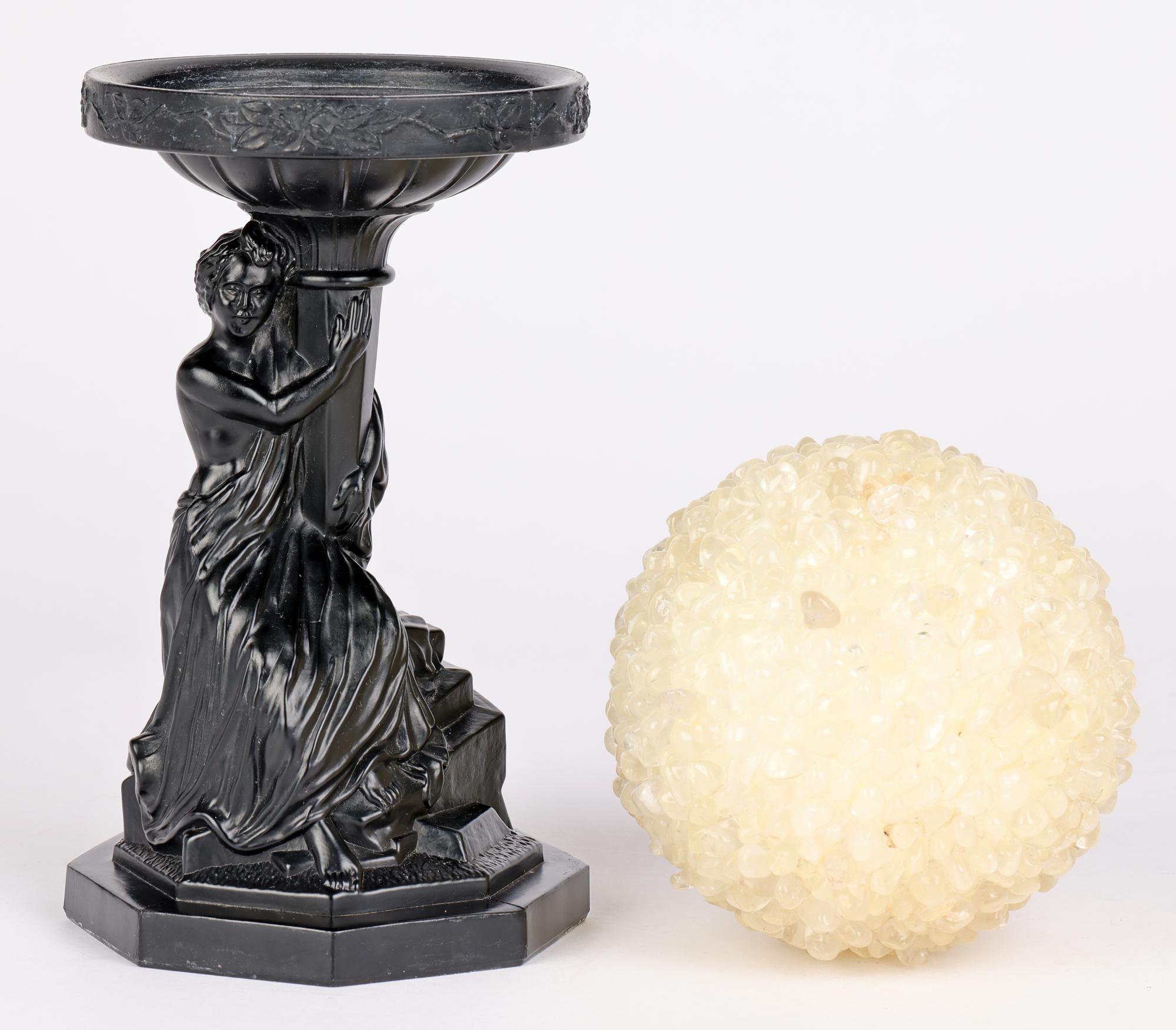 Art Deco Black Glass Maiden Mounted Classical Stand with Rock Crystal Ball  For Sale 3