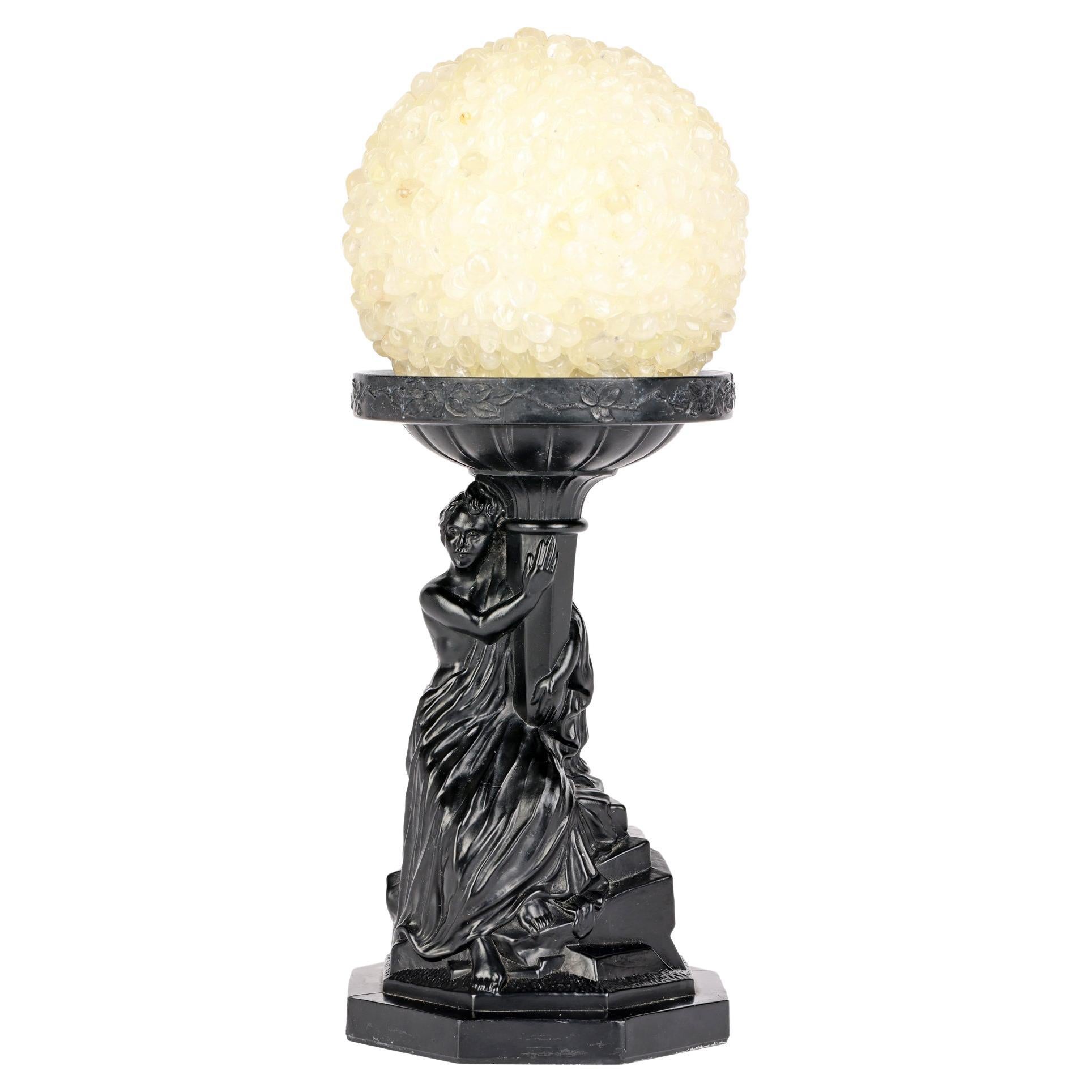 Art Deco Black Glass Maiden Mounted Classical Stand with Rock Crystal Ball  For Sale