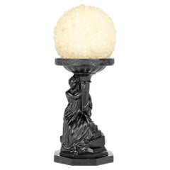 Art Deco Black Glass Maiden Mounted Classical Stand with Rock Crystal Ball 