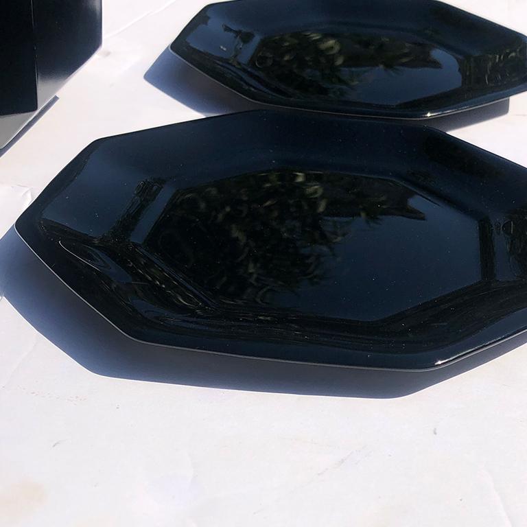 Mid Century Black Glass Octagonal Dinner Plate and Bowl Set France Set
