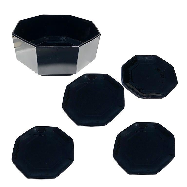 Mid Century Black Glass Octagonal Dinner Plate and Bowl Set France Set of 5 For Sale