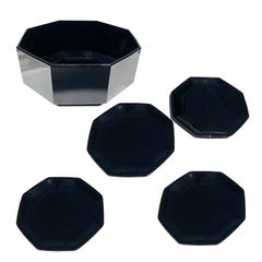 Mid Century Black Glass Octagonal Dinner Plate and Bowl Set France Set of 5