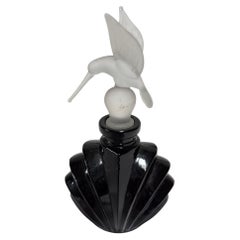 Art Deco Black Glass Perfume Bottle with Hummingbird Stopper