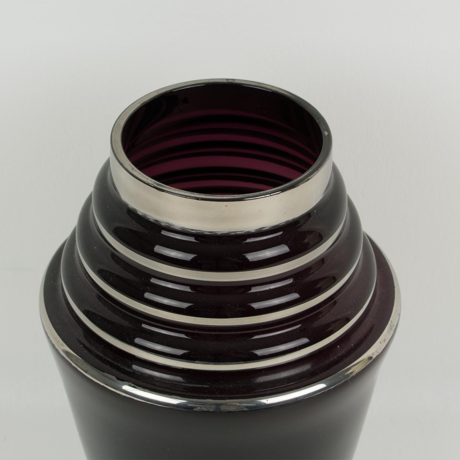 Mid-20th Century Art Deco Black Glass Vase with Silver Overlay Decor, France 1930s For Sale