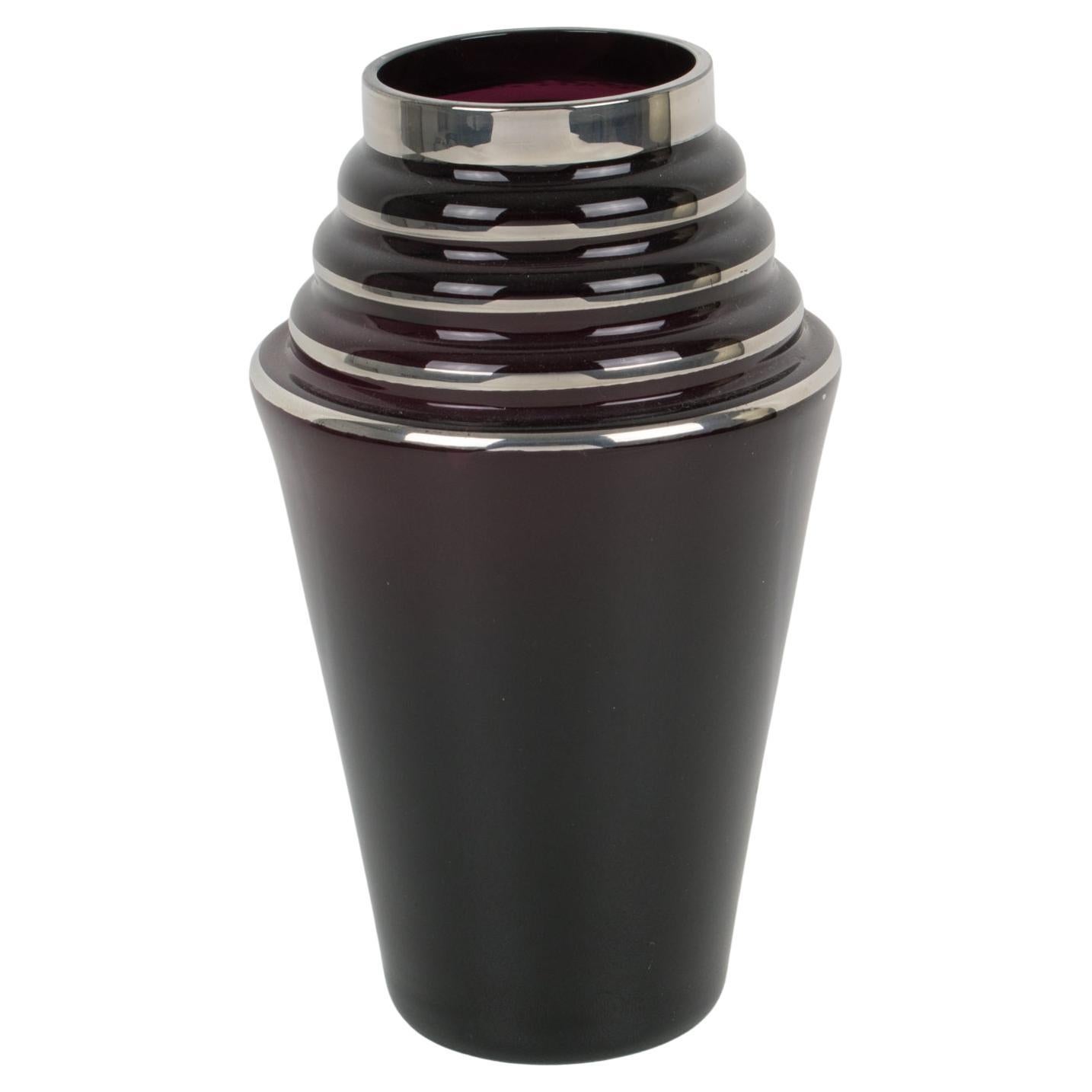 Art Deco Black Glass Vase with Silver Overlay Decor, France 1930s For Sale