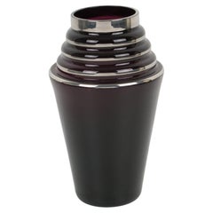 Art Deco Black Glass Vase with Silver Overlay Decor, France 1930s