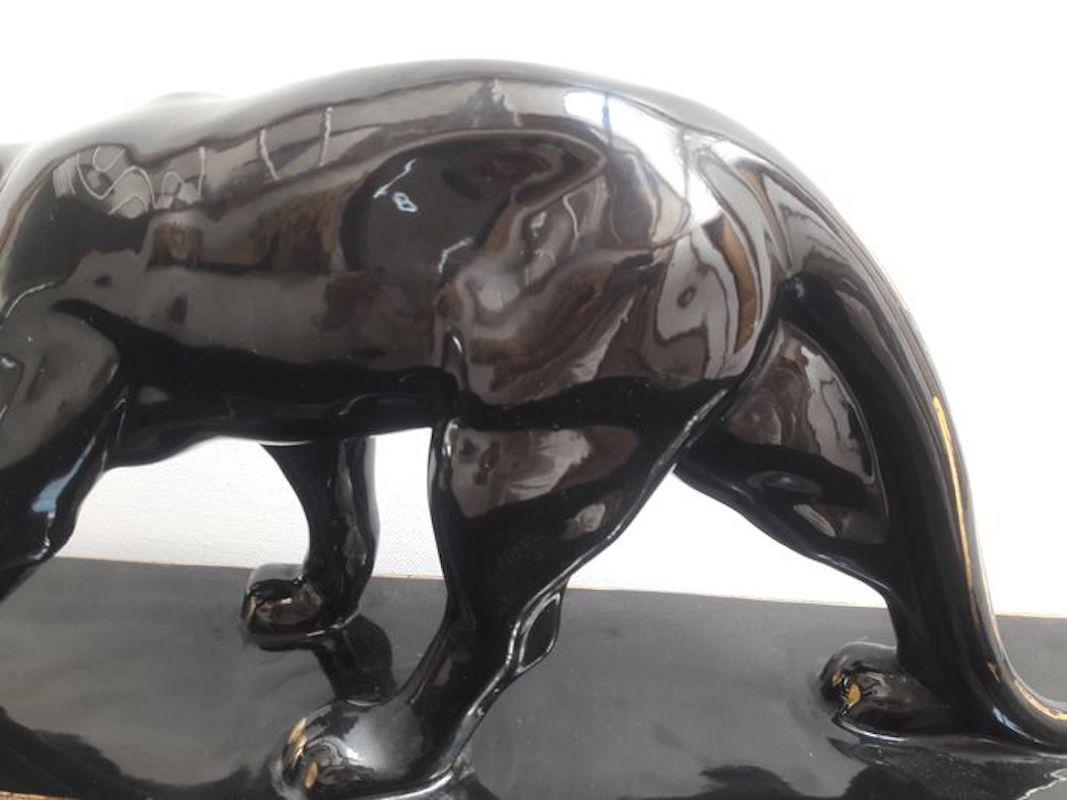 Art Deco Black Gold Varnished Ceramic Panther Sculpture Signed Jean France 1930s 6