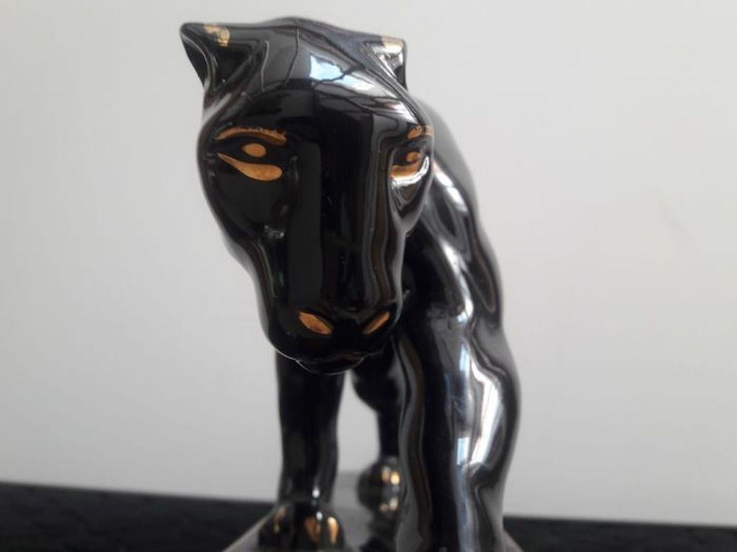 Art Deco Black Gold Varnished Ceramic Panther Sculpture Signed Jean France 1930s 9
