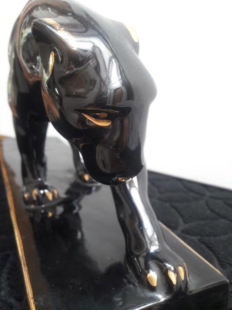 Art Deco Black Gold Varnished Ceramic Panther Sculpture Signed Jean France 1930s 10