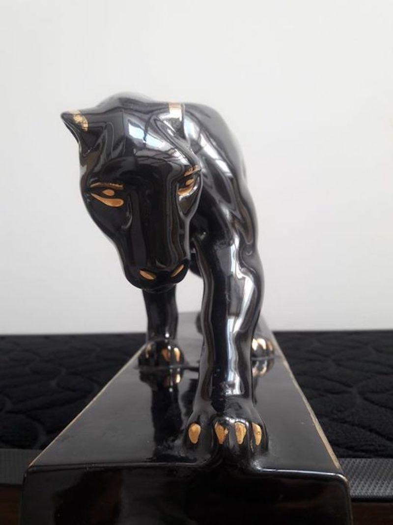 Art Deco Black Gold Varnished Ceramic Panther Sculpture Signed Jean France 1930s 11