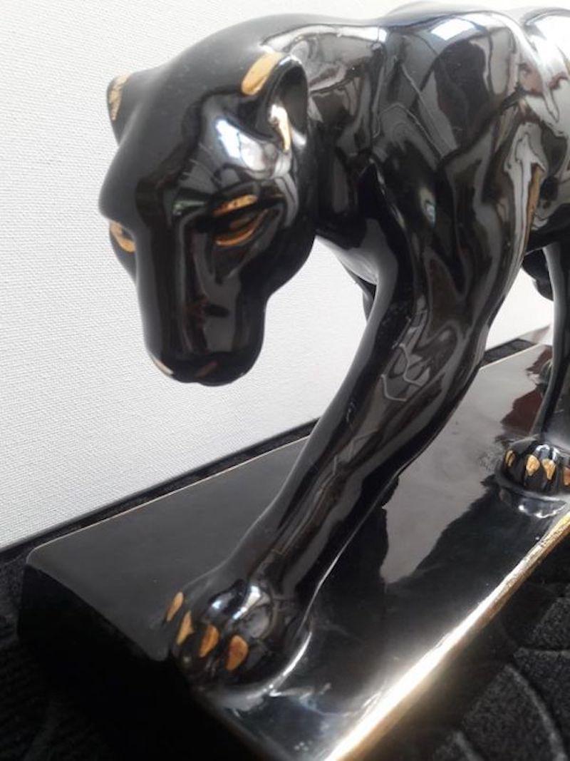 Art Deco Black Gold Varnished Ceramic Panther Sculpture Signed Jean France 1930s 13