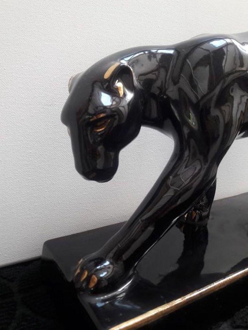 Art Deco Black Gold Varnished Ceramic Panther Sculpture Signed Jean France 1930s 15