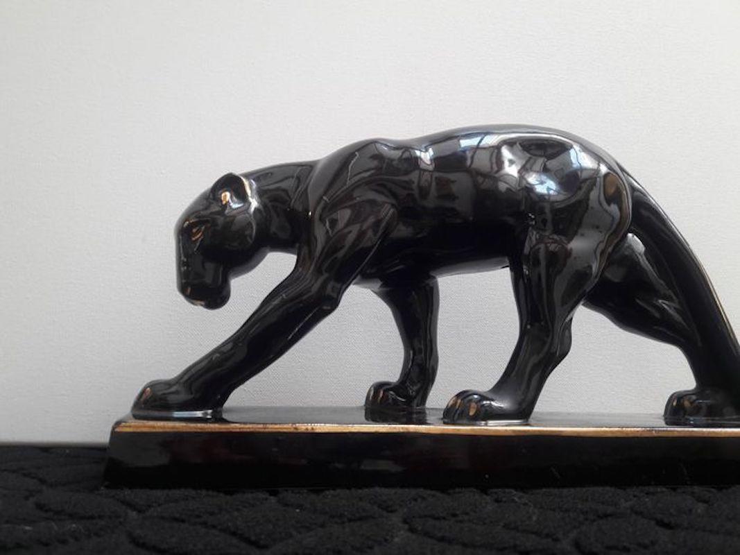 Art Deco Black Gold Varnished Ceramic Panther Sculpture Signed Jean France 1930s 1