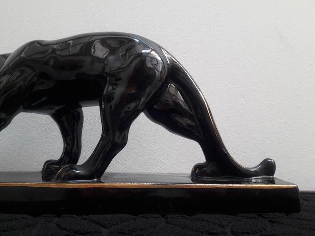 Art Deco Black Gold Varnished Ceramic Panther Sculpture Signed Jean France 1930s 2
