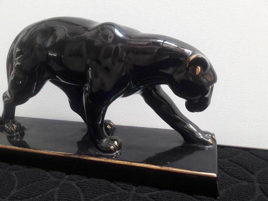 Art Deco Black Gold Varnished Ceramic Panther Sculpture Signed Jean France 1930s 3