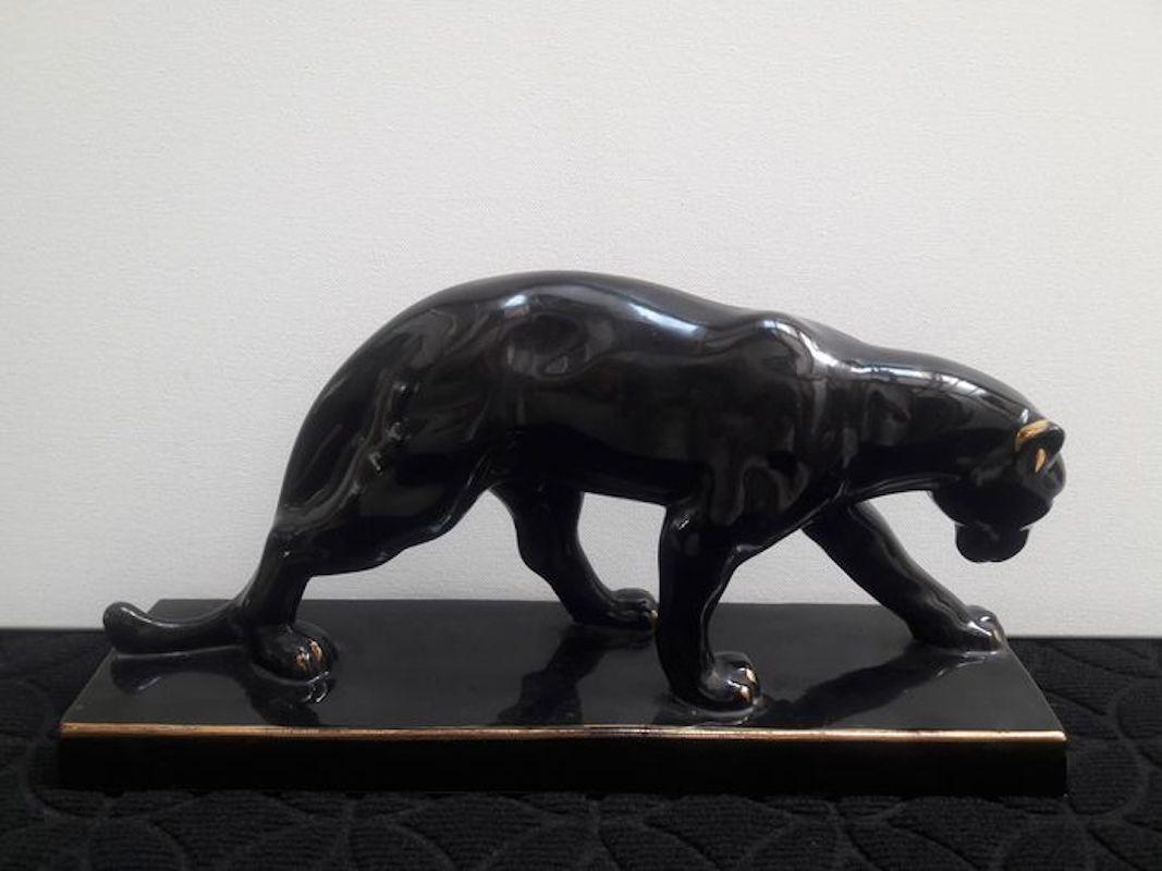 Art Deco Black Gold Varnished Ceramic Panther Sculpture Signed Jean France 1930s 4