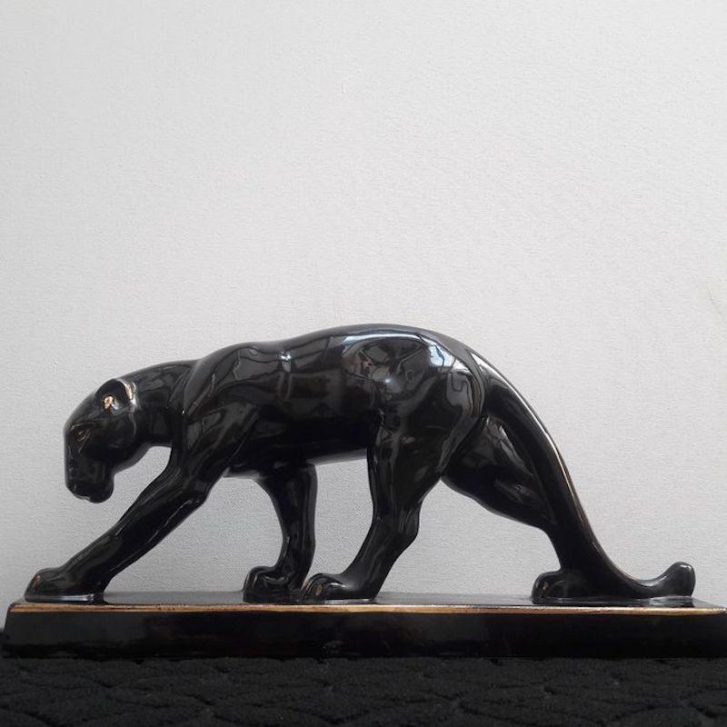 Art Deco Black Gold Varnished Ceramic Panther Sculpture Signed Jean France 1930s 5