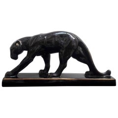 Antique Art Deco Black Gold Varnished Ceramic Panther Sculpture Signed Jean France 1930s