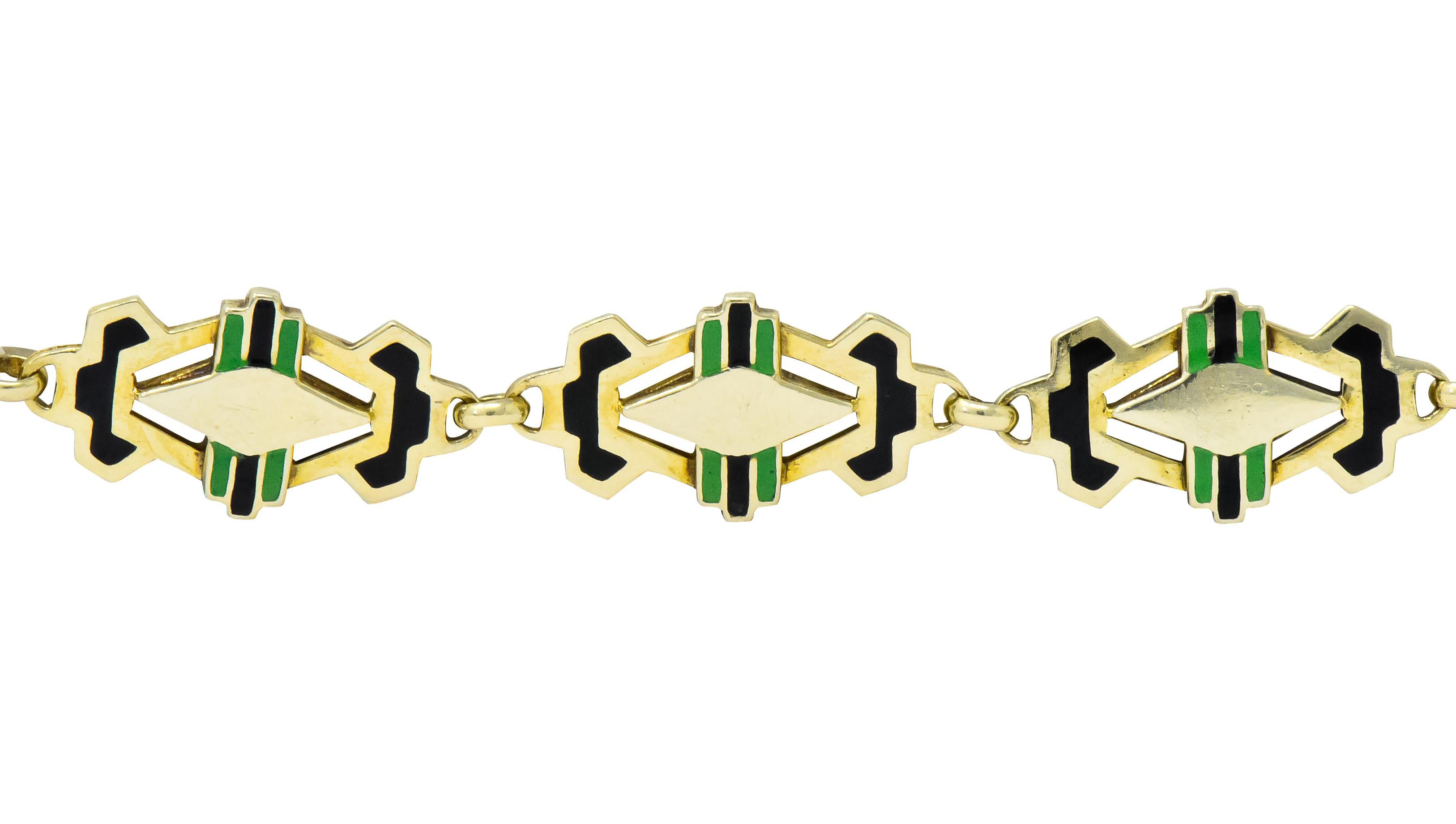 Art Deco Black and Green Enamel 14 Karat Gold Link Bracelet In Excellent Condition In Philadelphia, PA