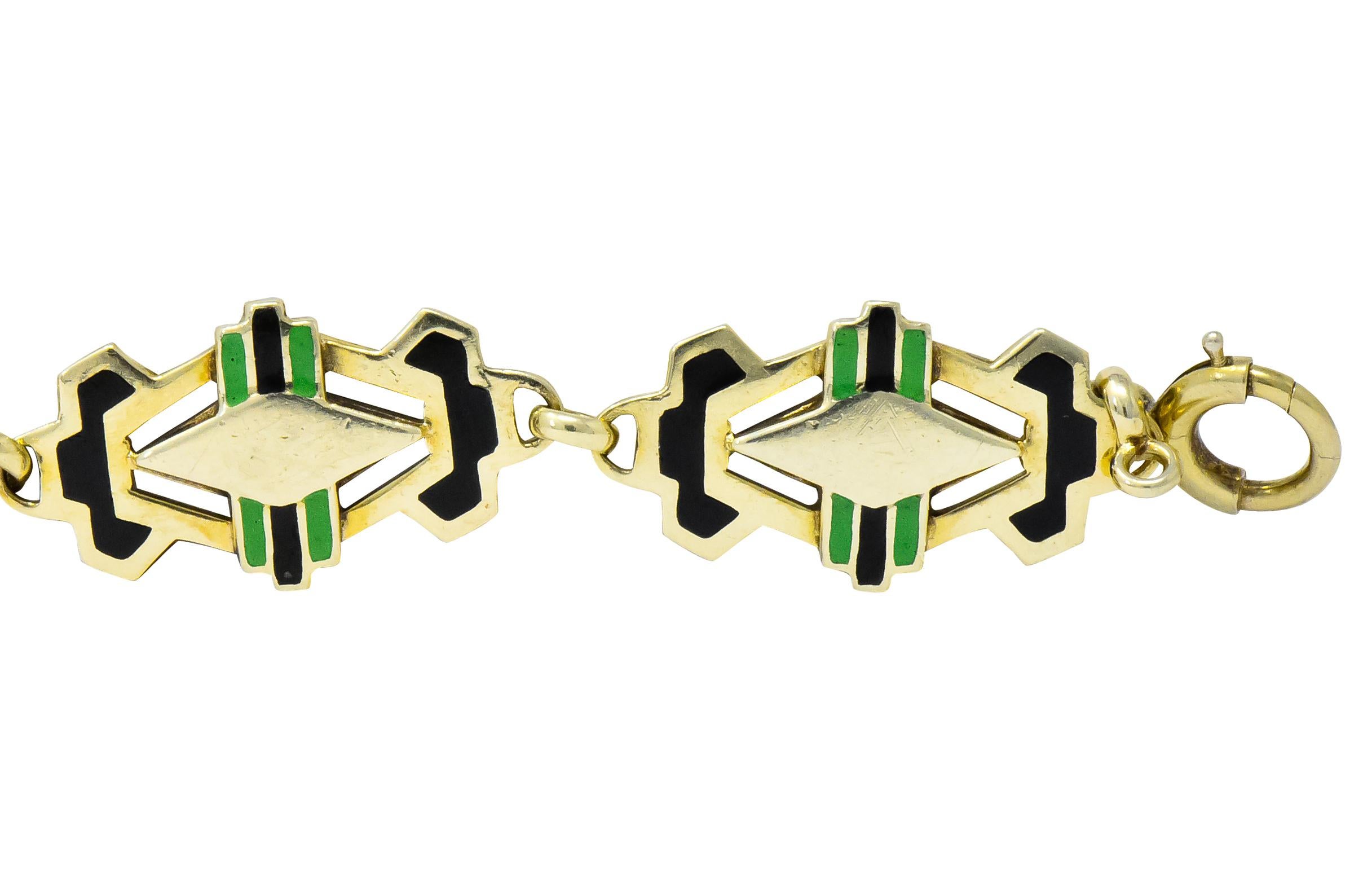 Women's or Men's Art Deco Black and Green Enamel 14 Karat Gold Link Bracelet