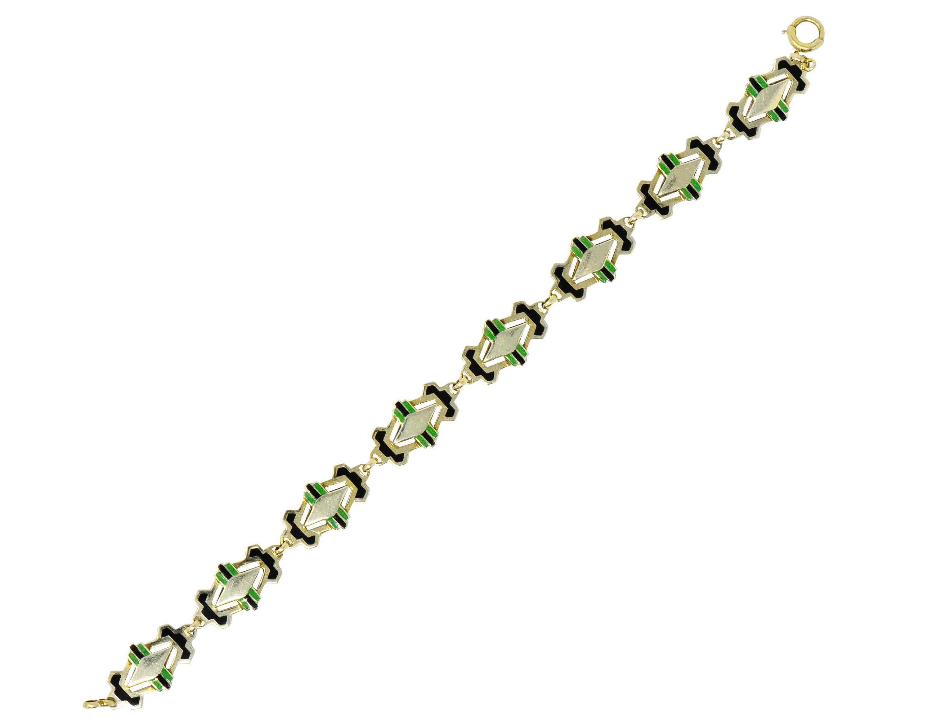 Art Deco Black and Green Enamel 14 Karat Gold Link Bracelet 2