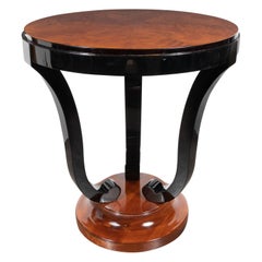 Art Deco Black Lacquer & Bookmatched Walnut Gueridon Table with Scroll Supports