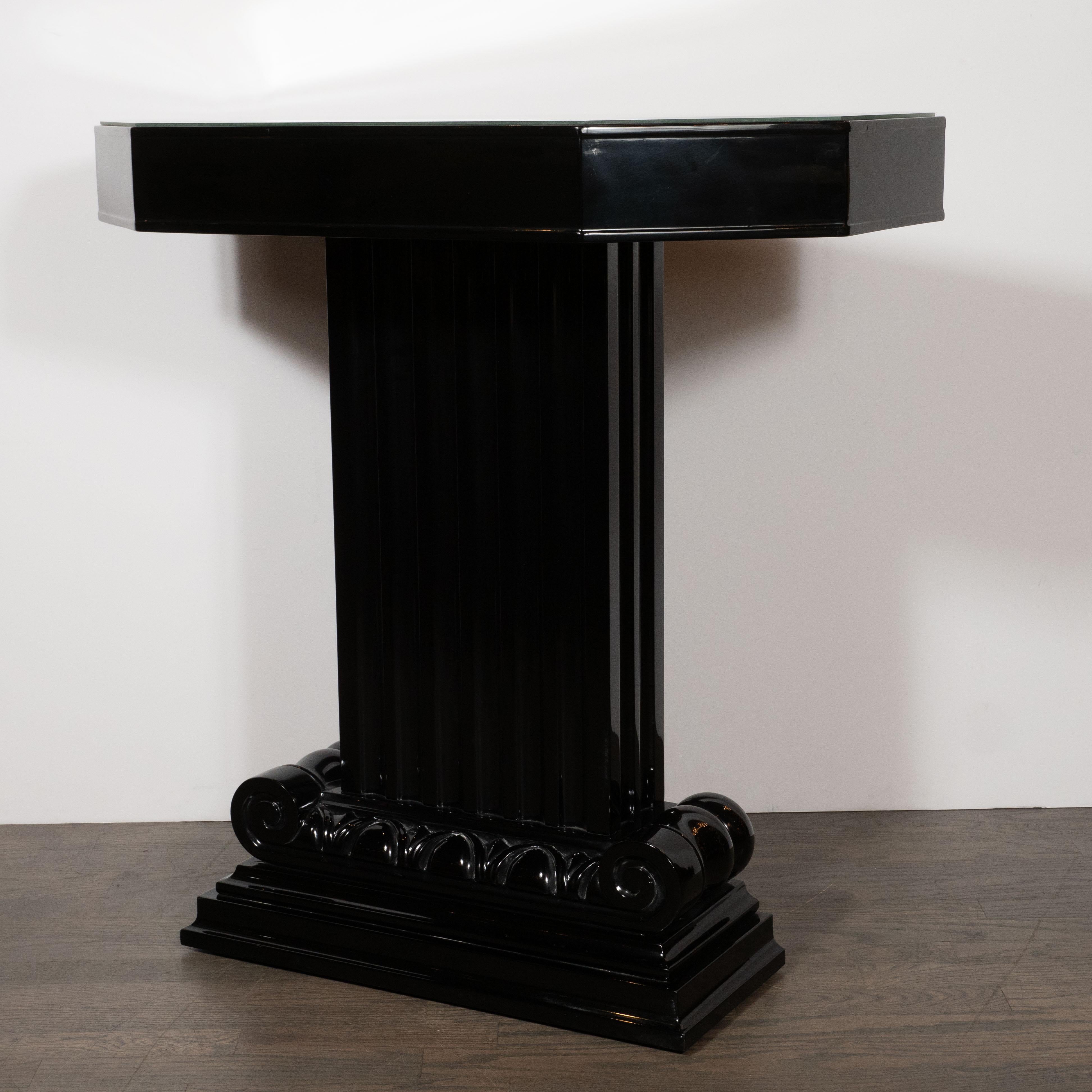 Mid-Century Modern Art Deco Black Lacquer and Antiqued Mirror Console Table by Grosfeld House For Sale