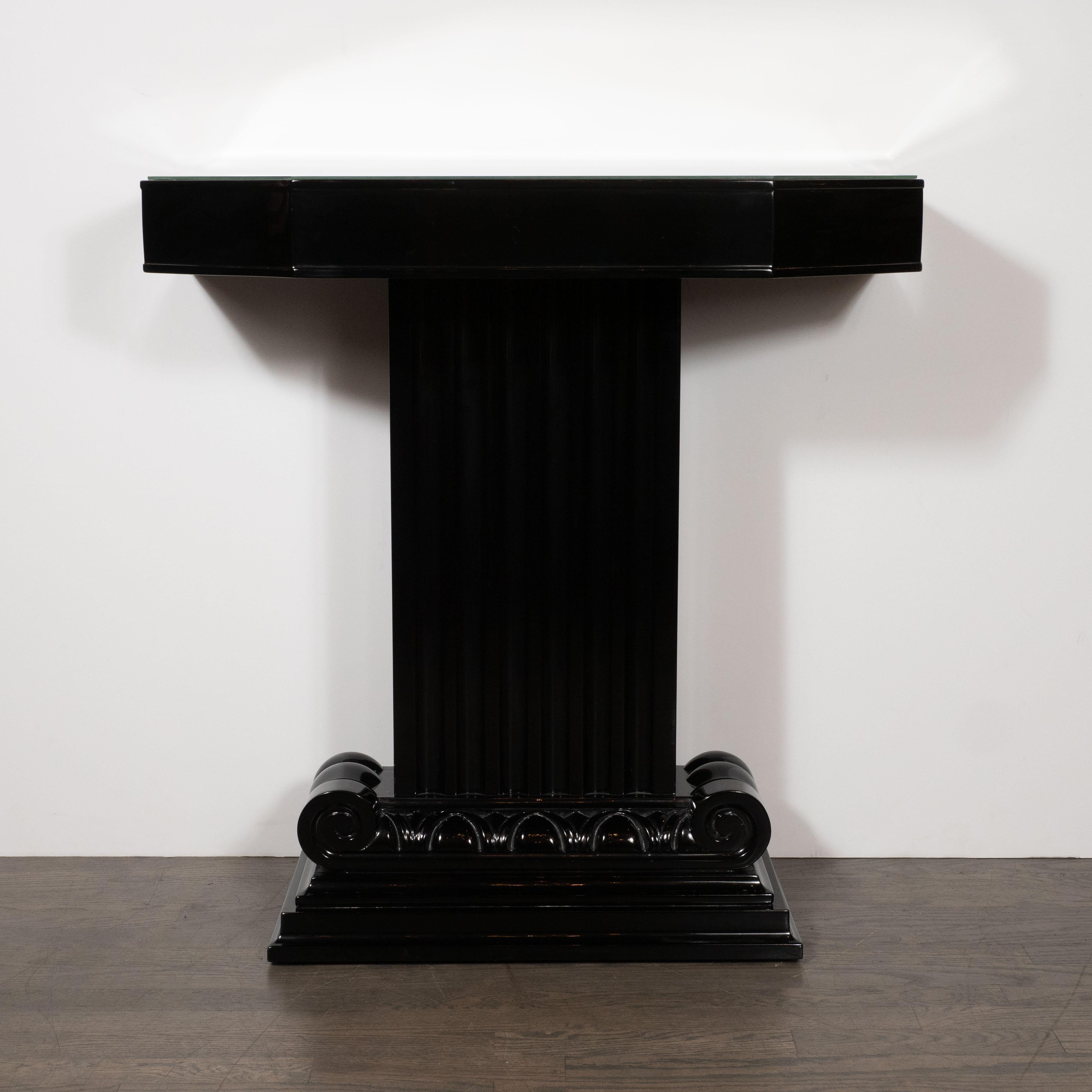 Art Deco Black Lacquer and Antiqued Mirror Console Table by Grosfeld House In Excellent Condition For Sale In New York, NY