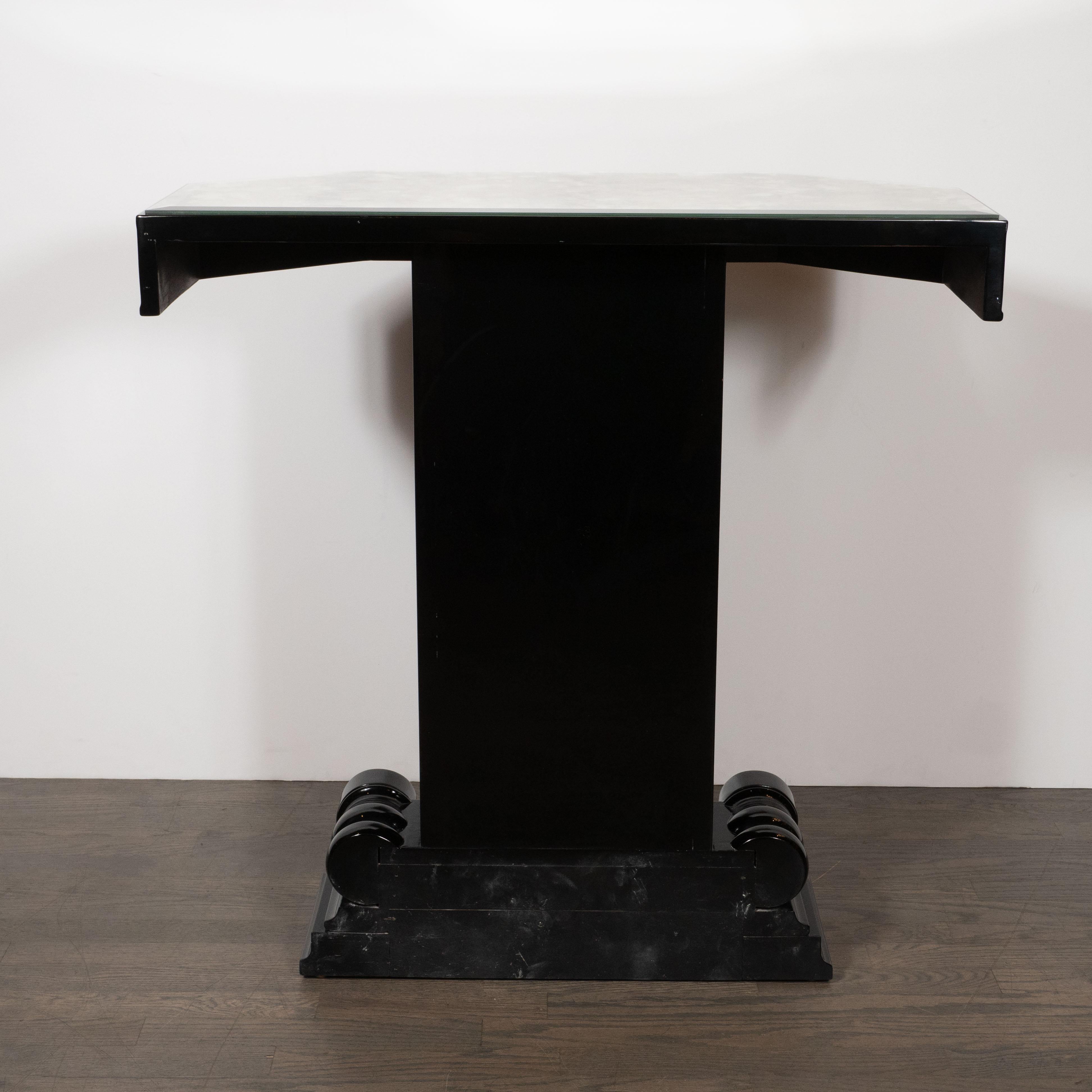 Mid-20th Century Art Deco Black Lacquer and Antiqued Mirror Console Table by Grosfeld House For Sale