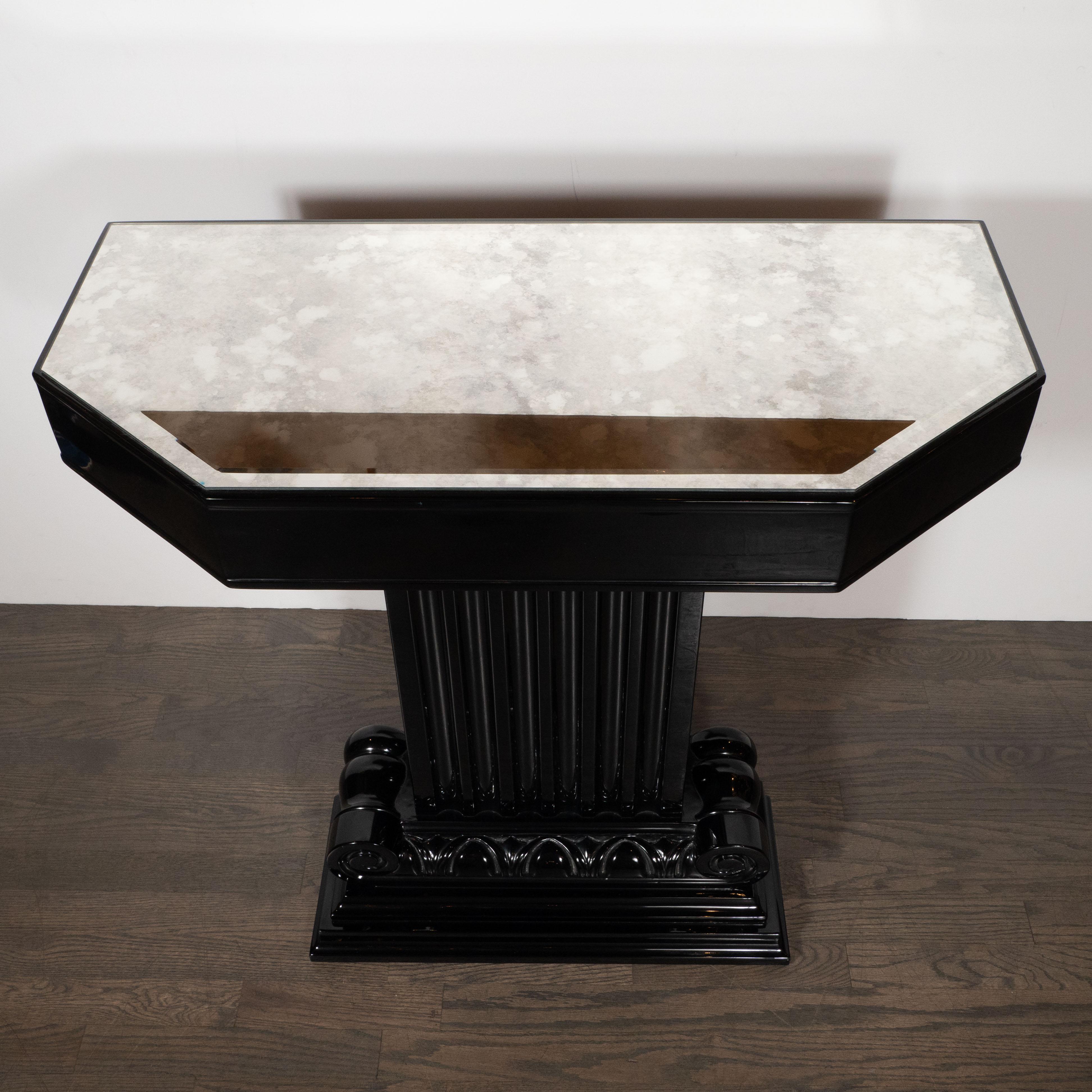 Art Deco Black Lacquer and Antiqued Mirror Console Table by Grosfeld House For Sale 2