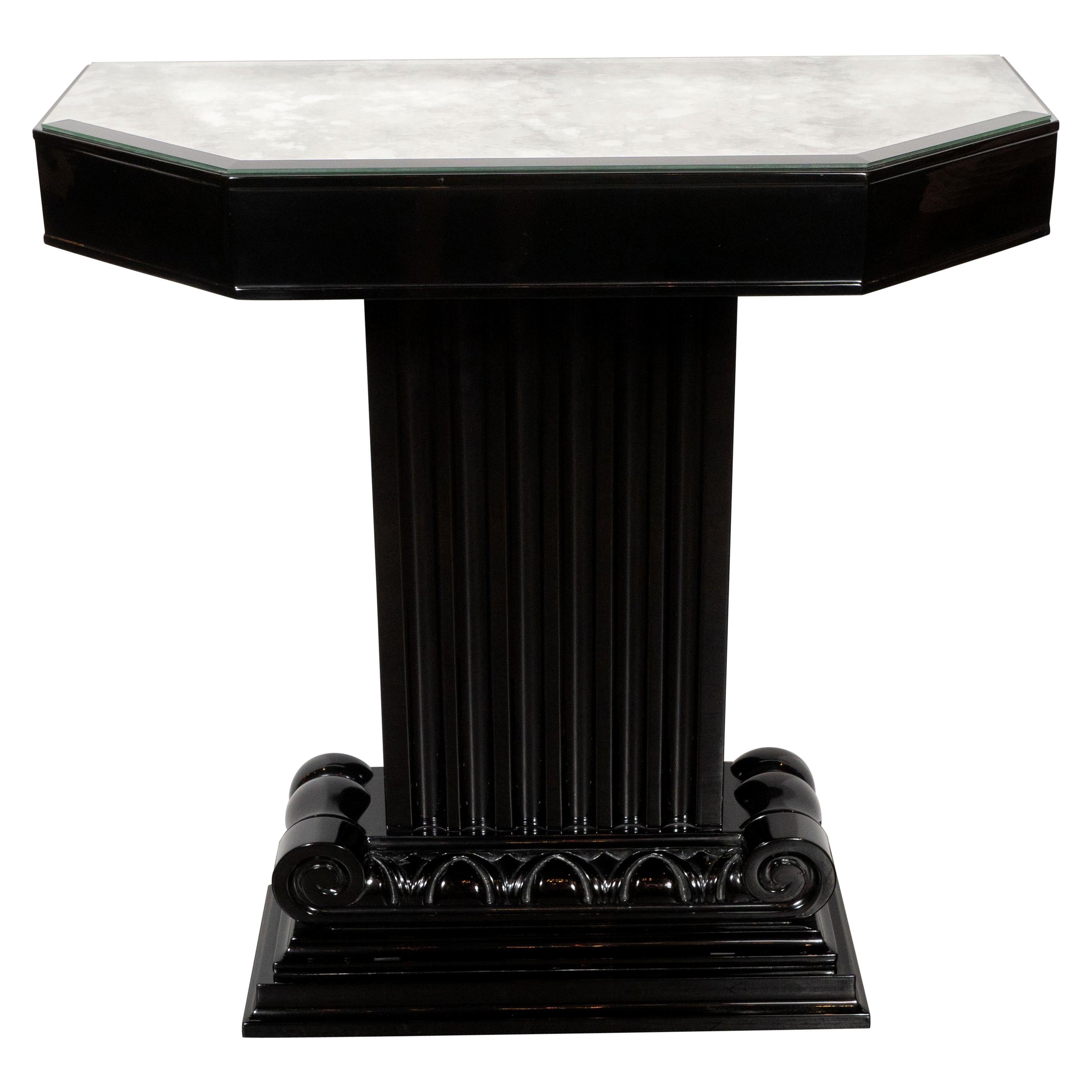 Art Deco Black Lacquer and Antiqued Mirror Console Table by Grosfeld House