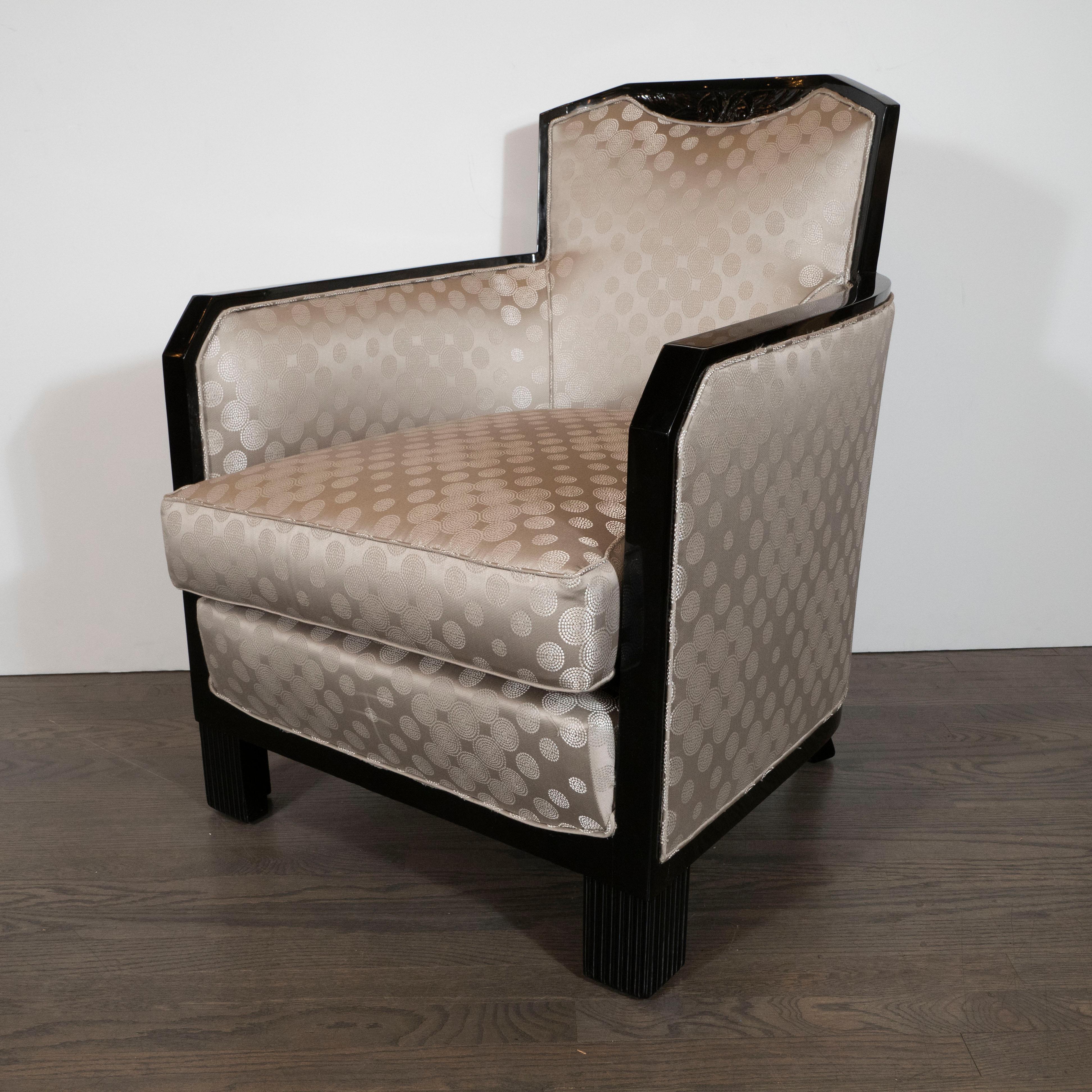 Art Deco Black Lacquer and Platinum Silk Club Chairs with Cubist Detailing In Excellent Condition In New York, NY