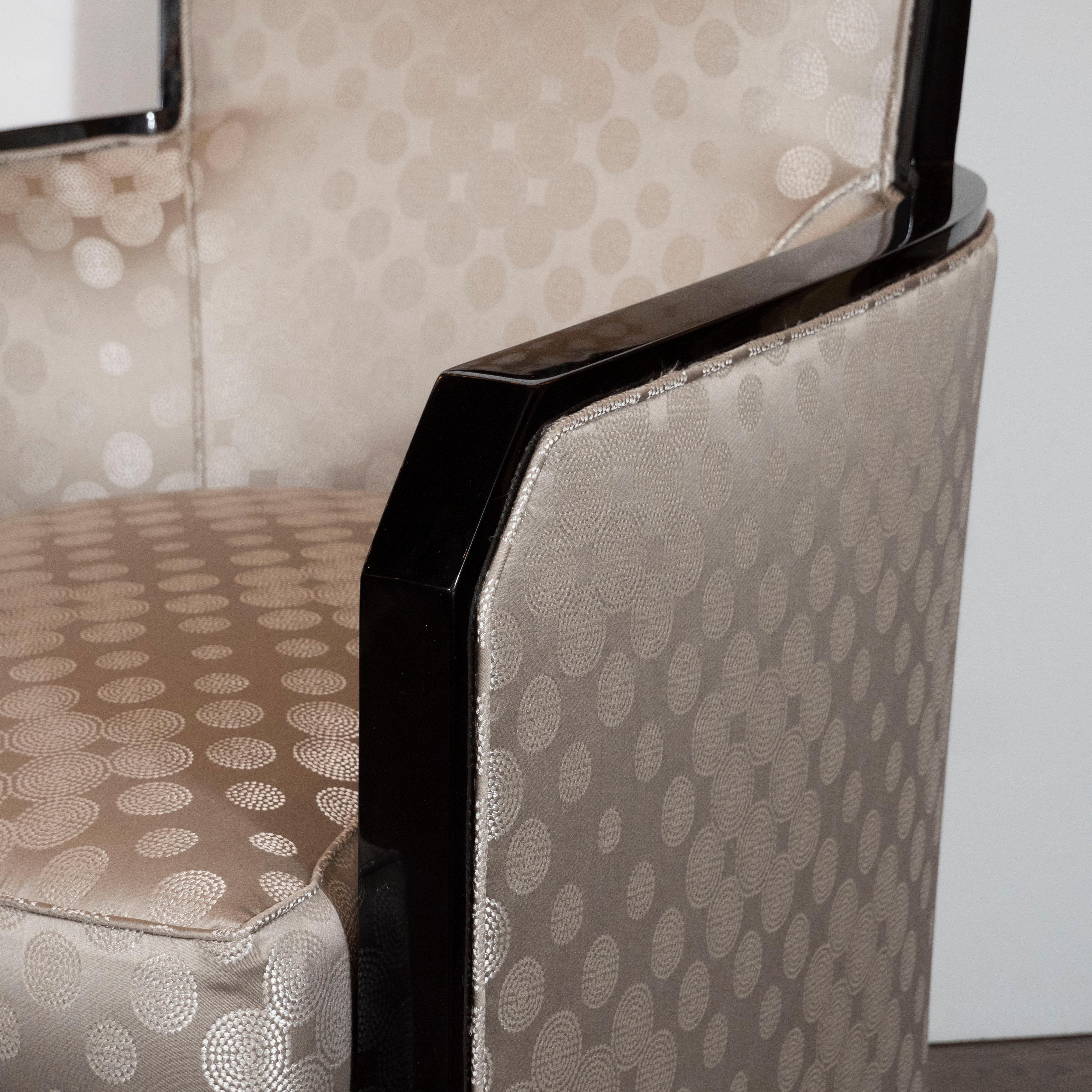 Mid-20th Century Art Deco Black Lacquer and Platinum Silk Club Chairs with Cubist Detailing