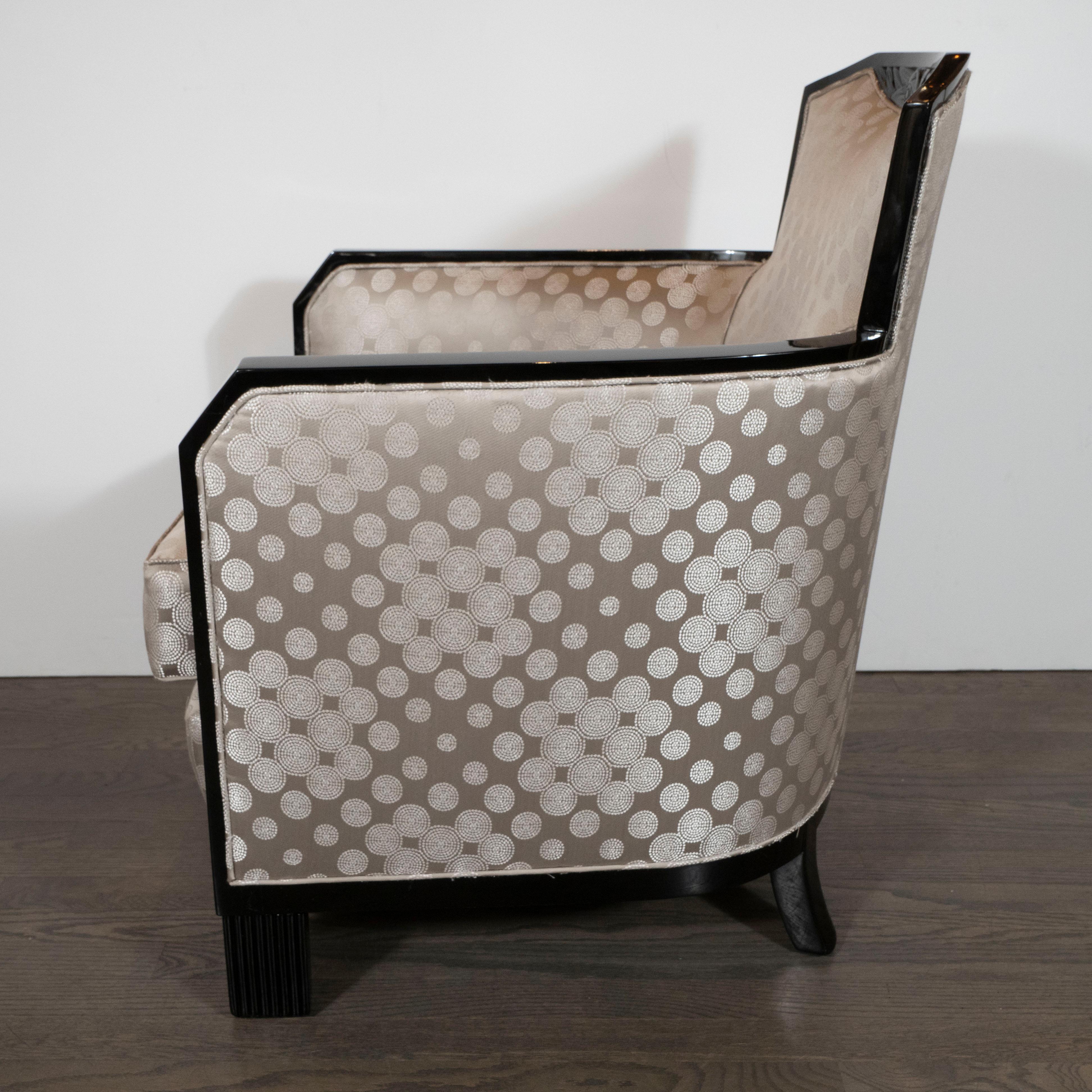 Art Deco Black Lacquer and Platinum Silk Club Chairs with Cubist Detailing 1