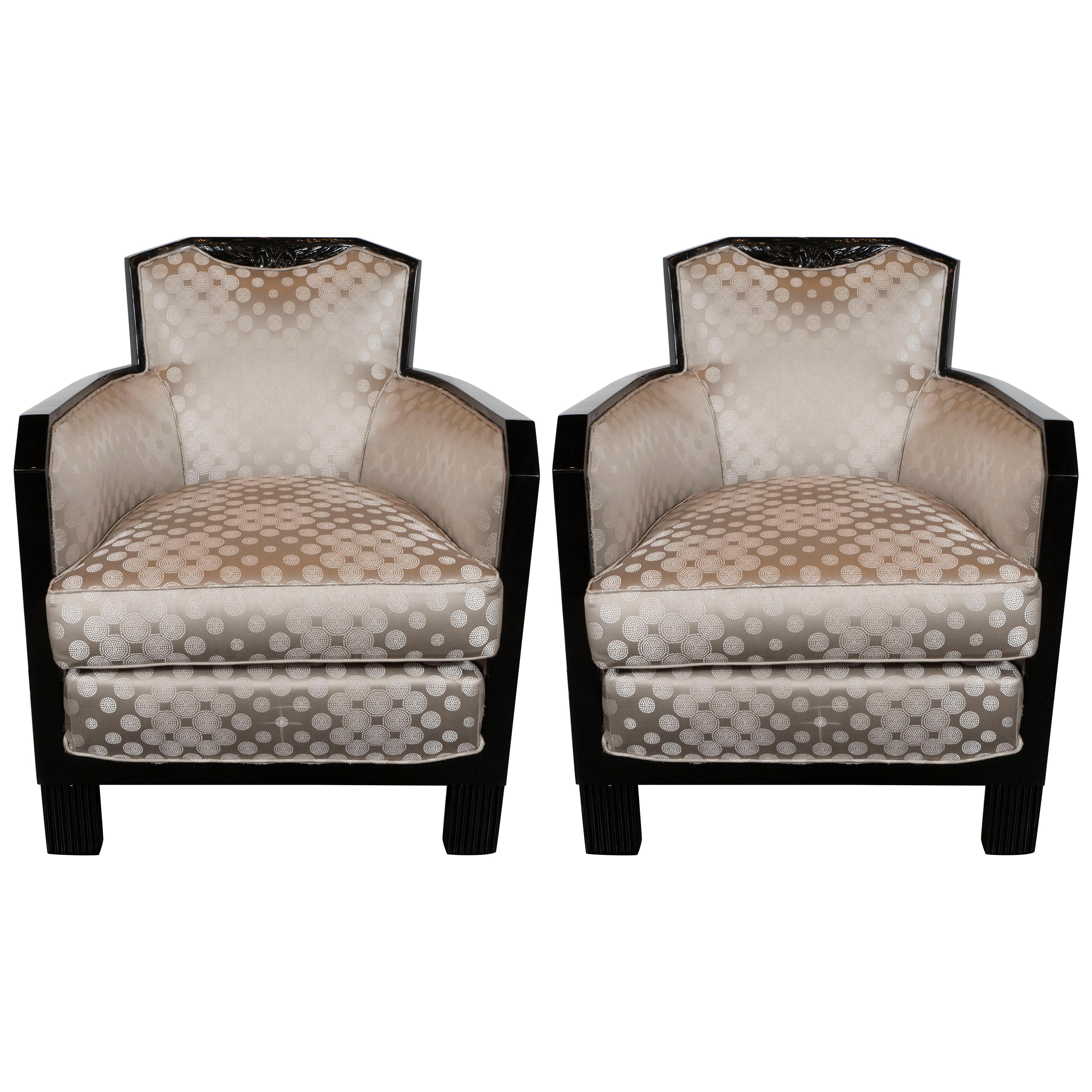 Art Deco Black Lacquer and Platinum Silk Club Chairs with Cubist Detailing