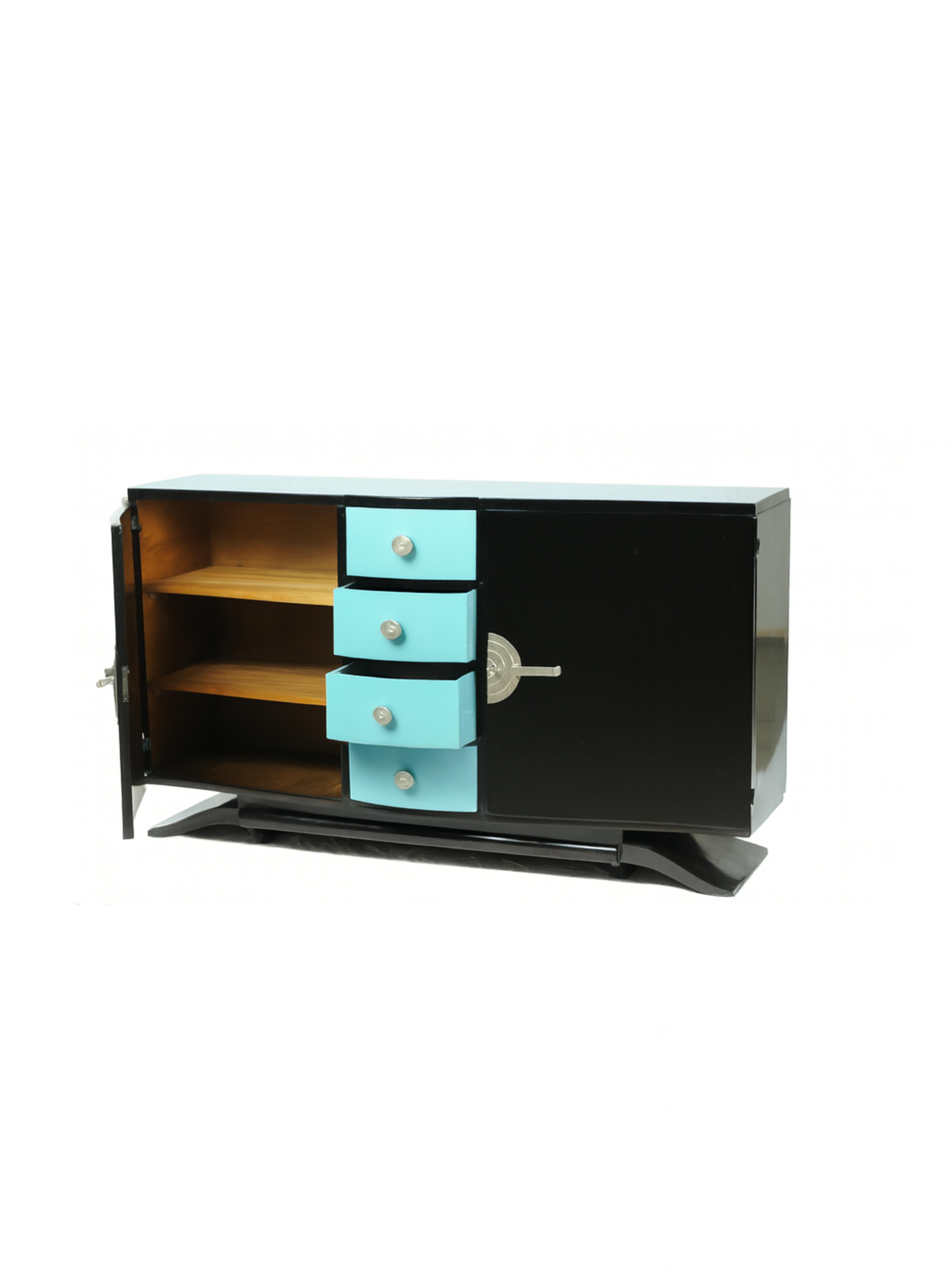 Art Déco Credenza Art Deco in lacca nera color uovo blu, 20° secolo in vendita