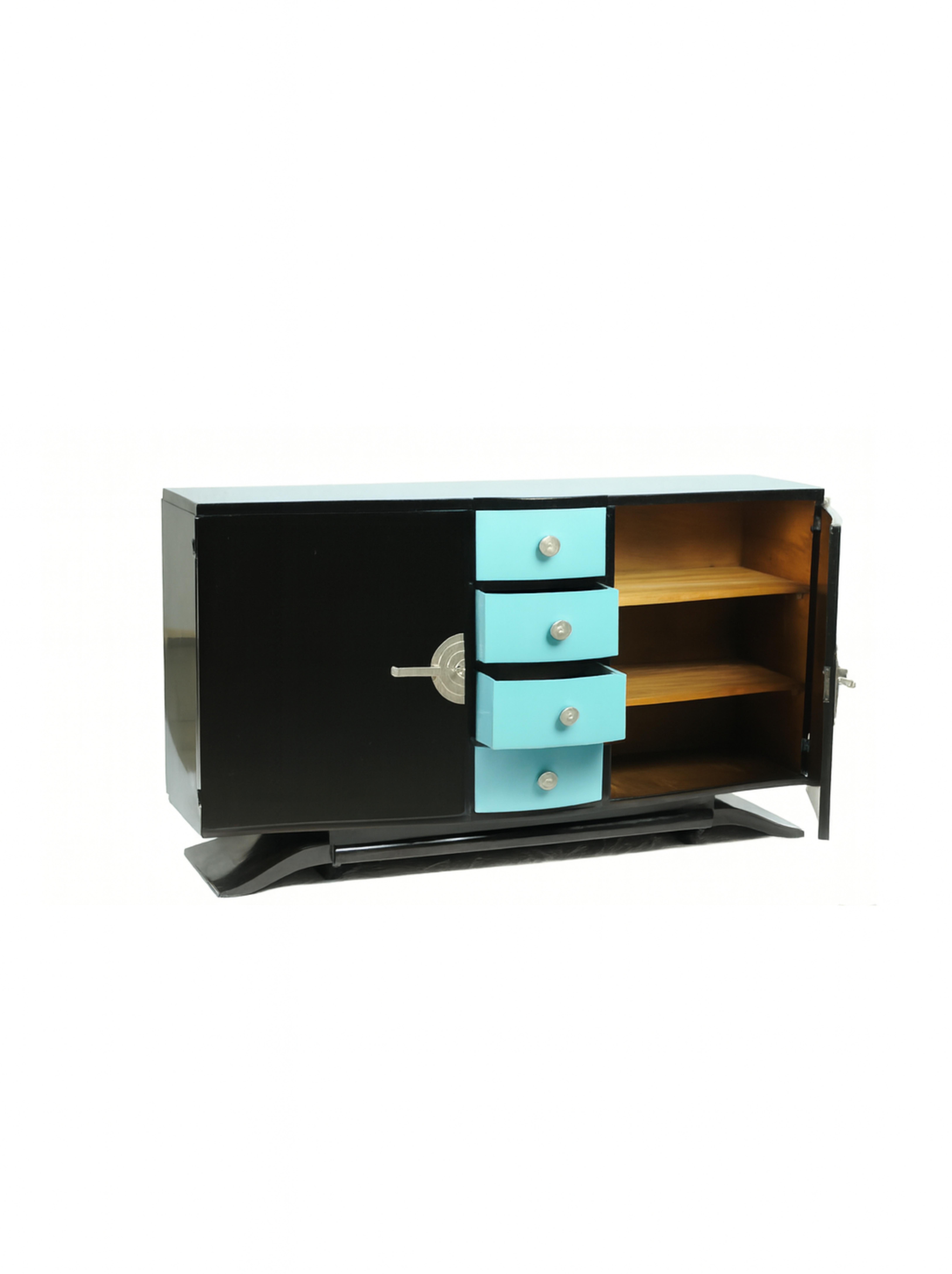 Francese Credenza Art Deco in lacca nera color uovo blu, 20° secolo in vendita