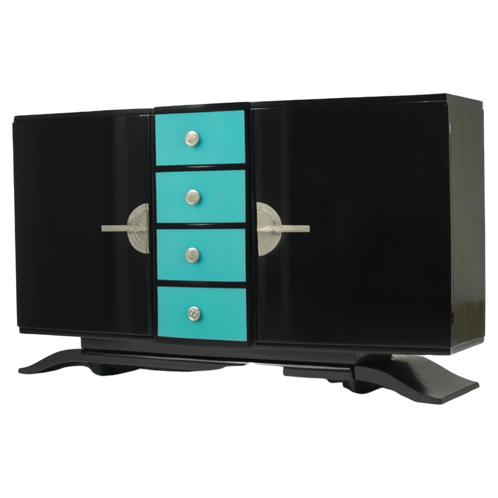 Art Deco Black Lacquer Blue Egg Color Credenza Sideboard, 20th Century