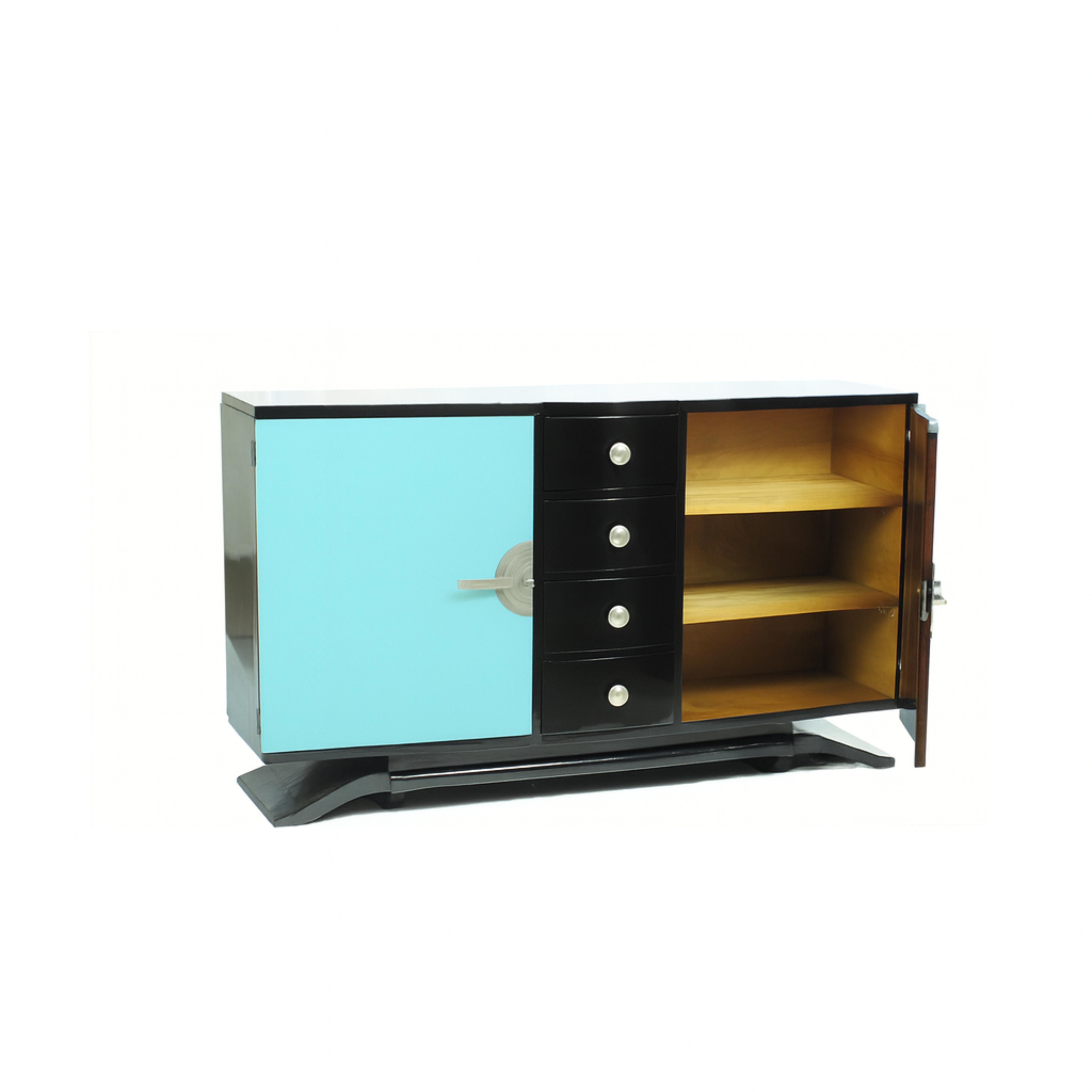 Art Deco Schwarzer Lack Blaues Ei Anrichte Sideboard, 20. Jahrhundert (Art déco) im Angebot