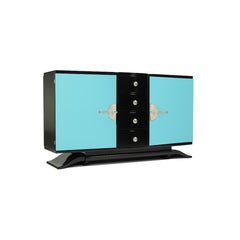 Art Deco Black Lacquer Blue Egg Credenza Sideboard, 20th Century