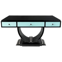 Art Deco Black Lacquer Blue Egg Writing Desk, France
