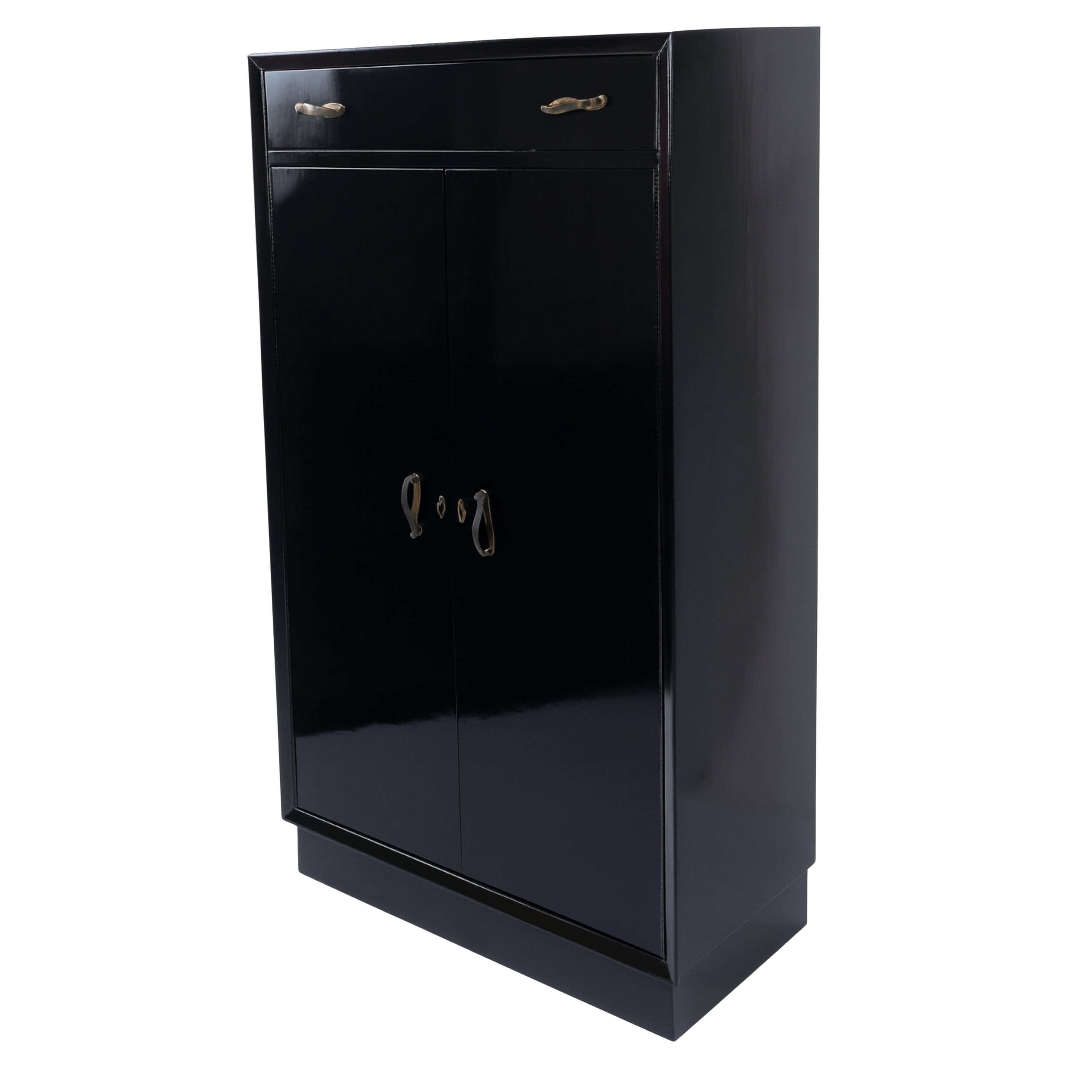 Art Deco Black Lacquer Cabinet Cupboard, 1940s