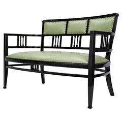 Art Deco Black Lacquer Canapé Sofa with Sage Green Leather, France, 1940s