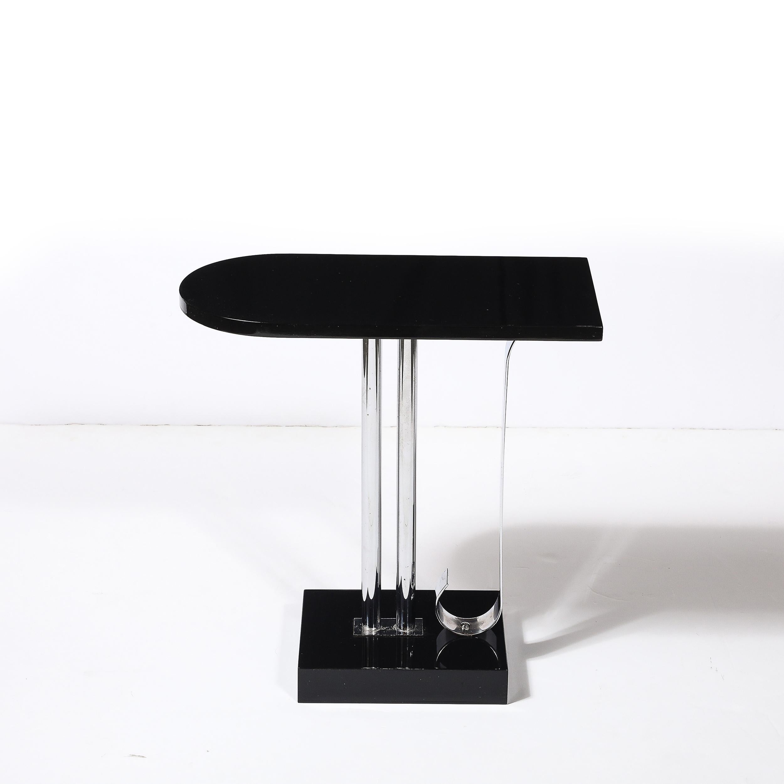 Art Deco Black Lacquer & Chrome Streamlined End Table w/ Scroll Detail by Belmet For Sale 7